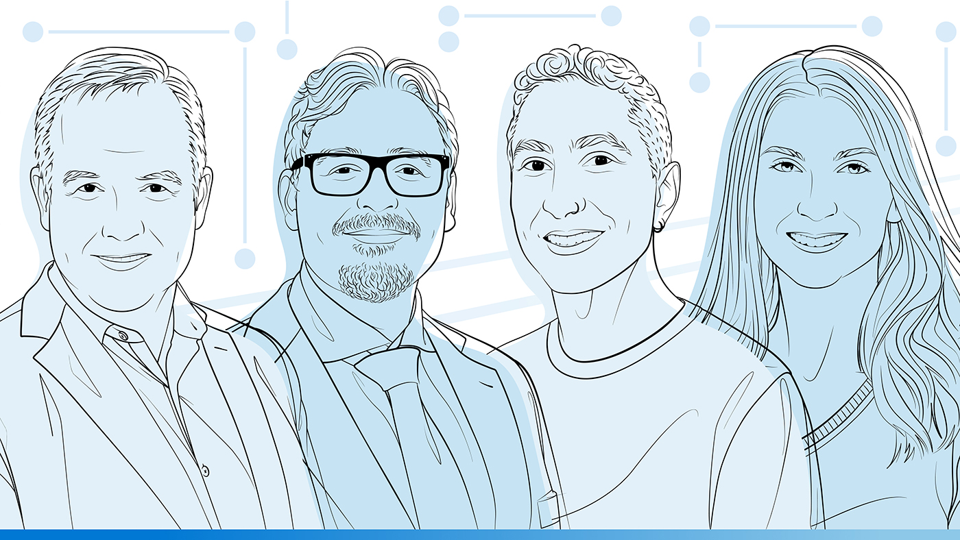 Daniel Carpenter、Timo Minssen、Chad Atalla 和 Kathleen Sullivan 的插画头像，Microsoft Research 播客封面