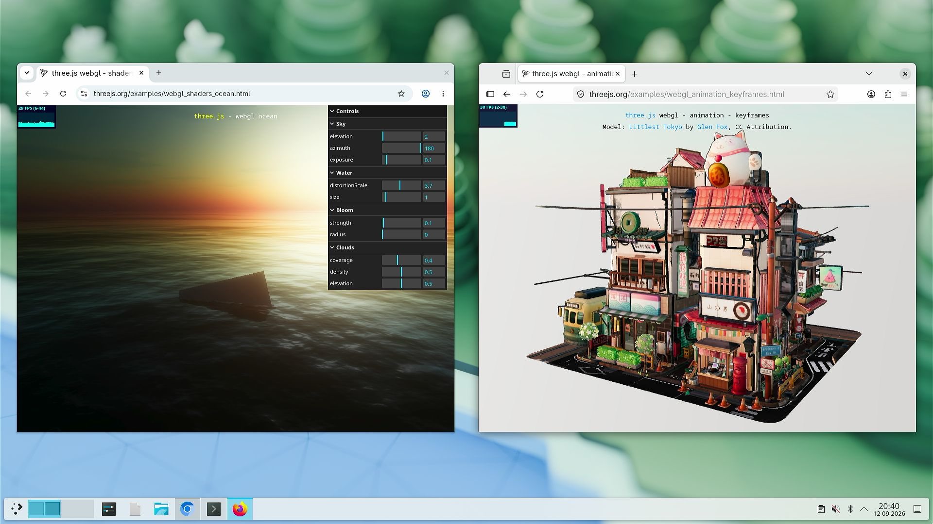 Chrome 和 Firefox 在我们的驱动上运行 three.js WebGL 演示。