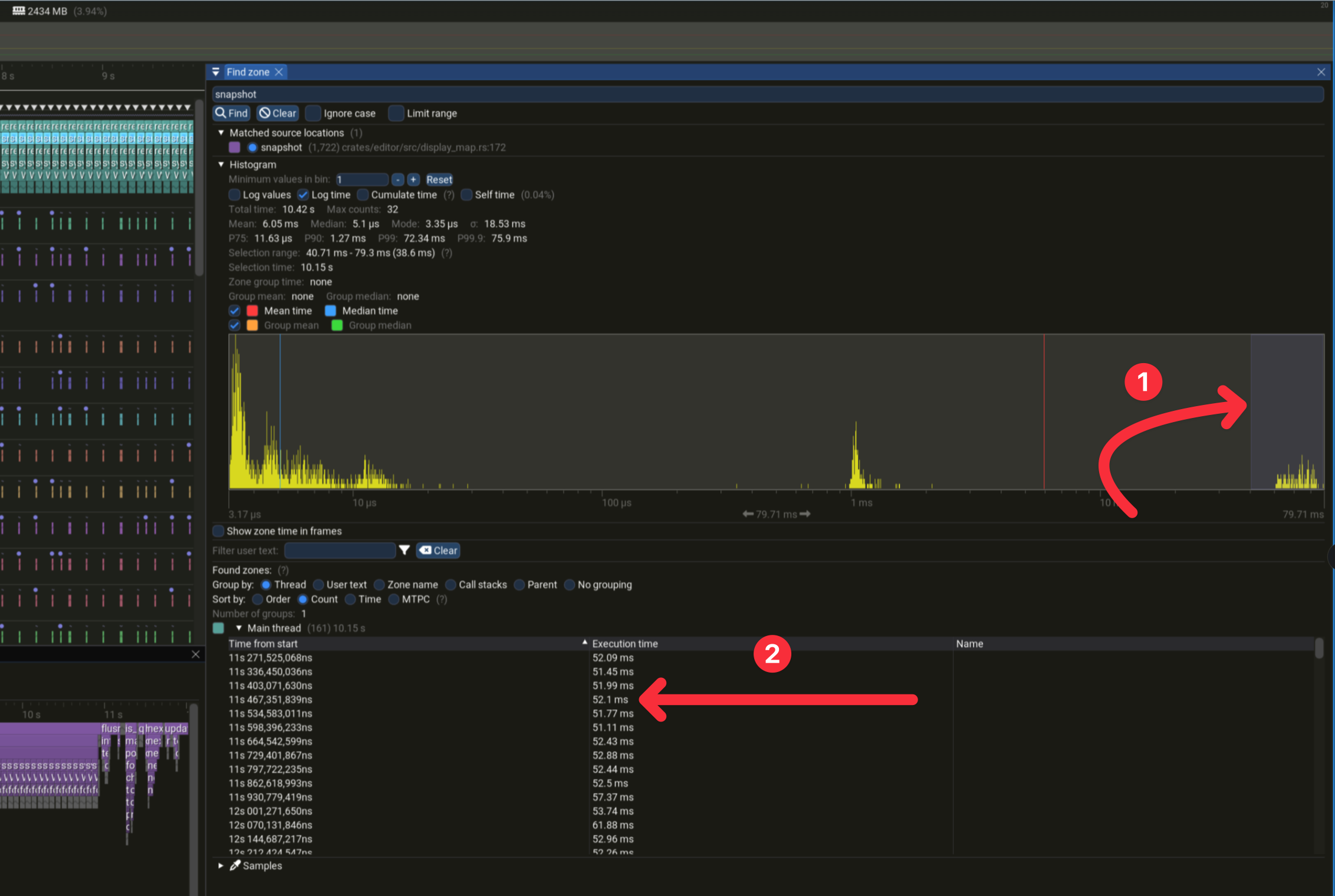 Select the tail calls in the histogram to filter down the list of calls then click on one call