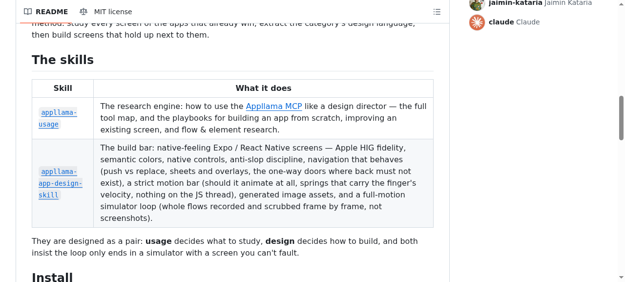 Appllama GitHub 仓库 README 中 The skills 小节的两行表格