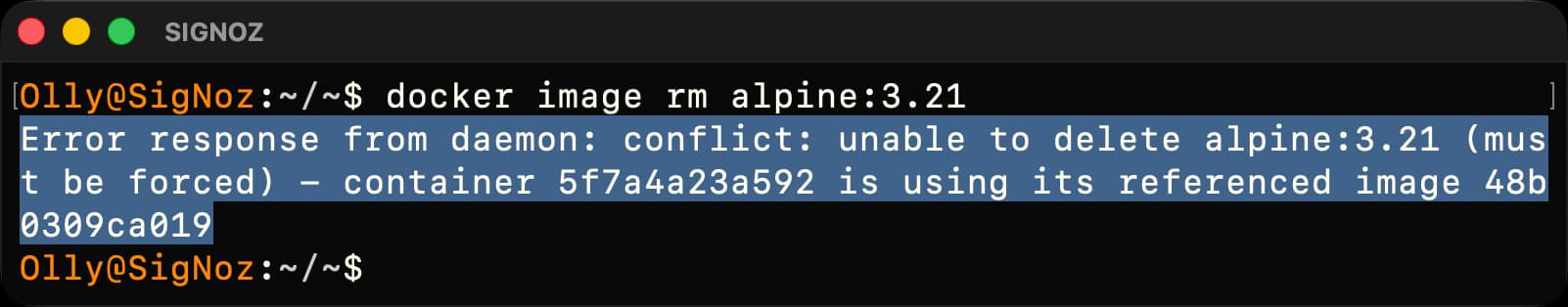 终端显示 Docker 拒绝删除 alpine:3.21,因为容器 5f7a4a23a592 引用了它