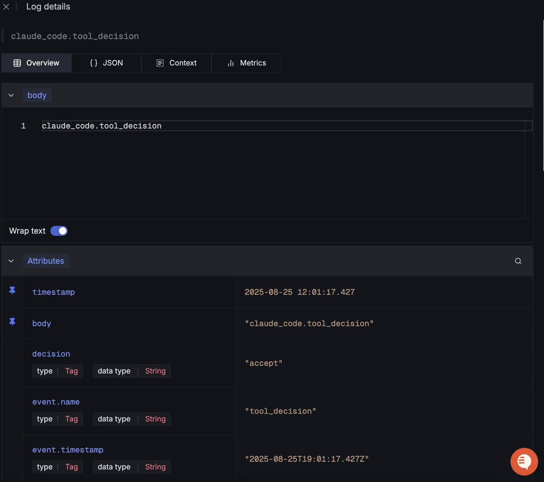 SigNoz 中 Claude Code tool_decision 事件的详细信息
