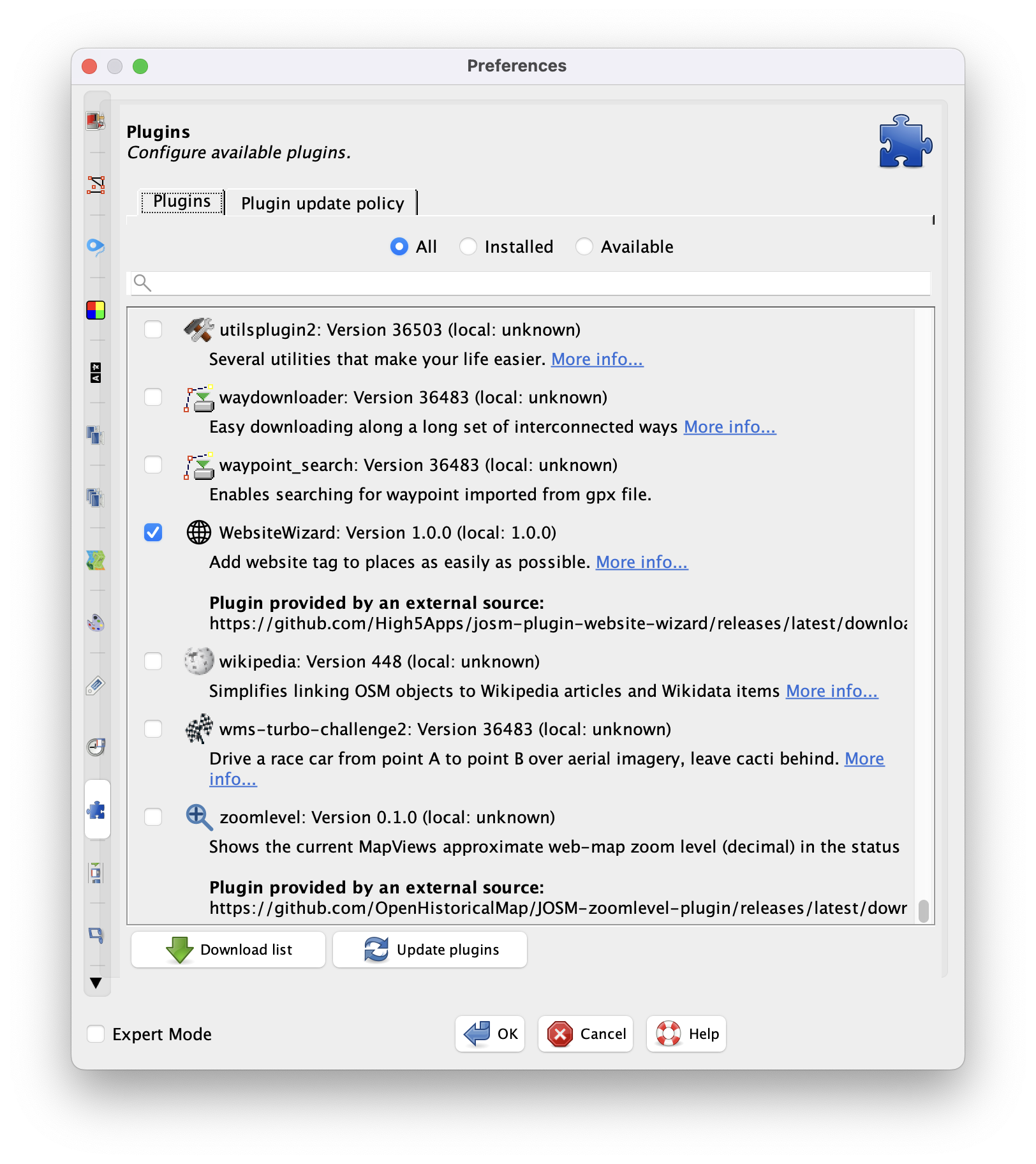 The Plugins panel in JOSM's Preferences panel