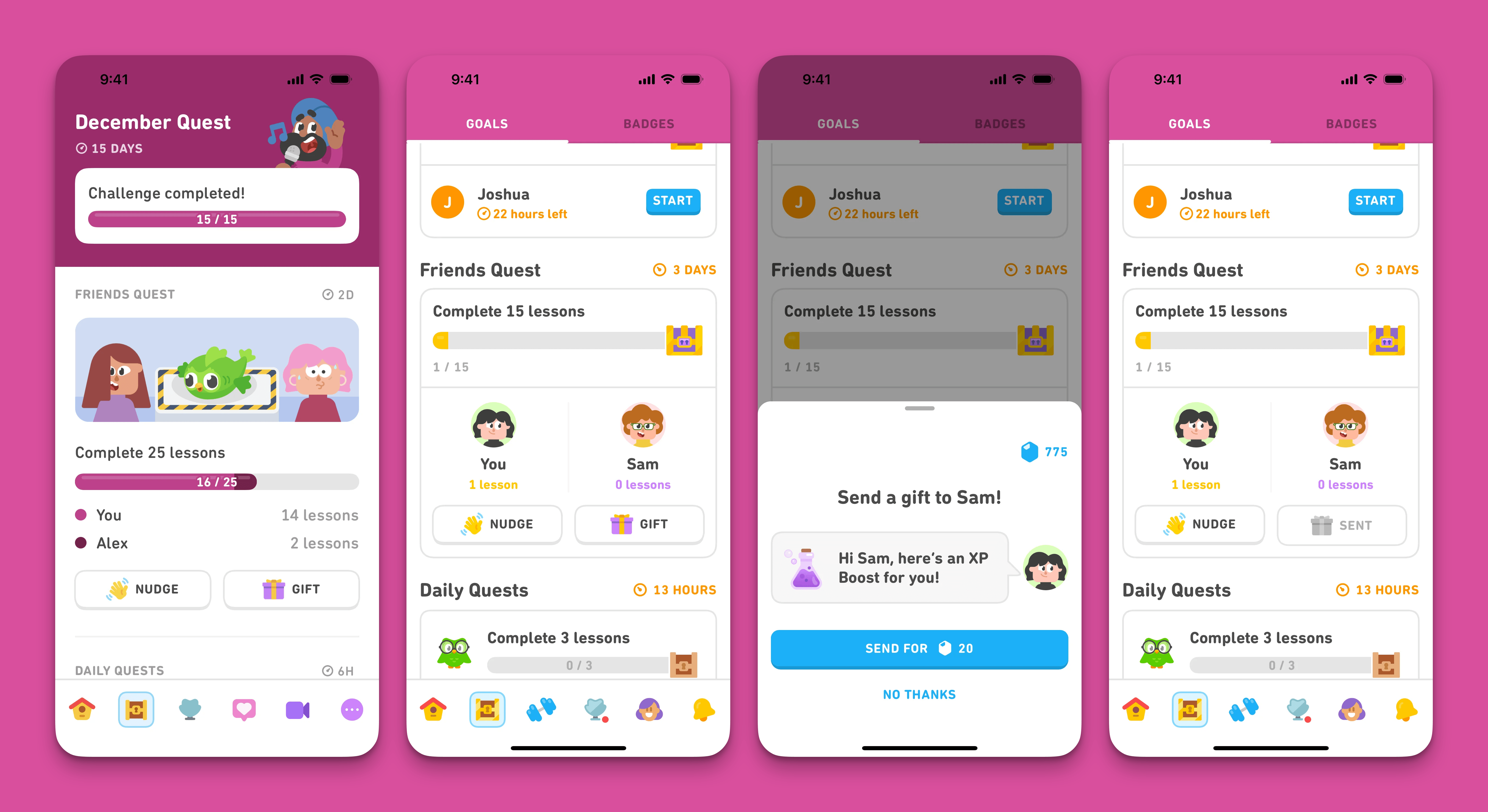 Duolingo 好友任务的两张截图：展示共同的学习目标，每个头像旁标注各自的贡献进度，其中一名学习者明显领先，下方设有 NUDGE 和 GIFT 按钮