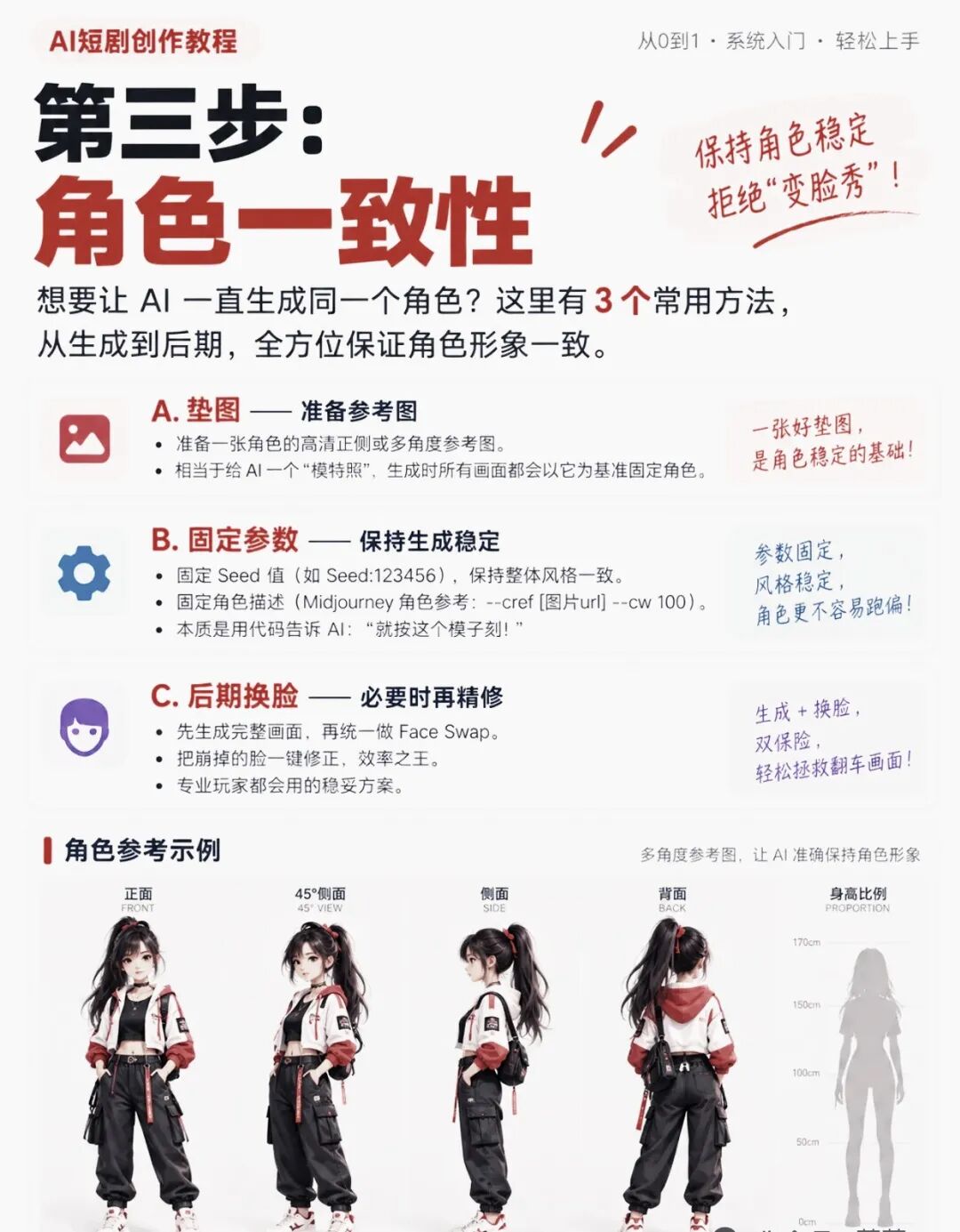 角色一致性教学卡:垫图/固定参数/后期换脸三法与角色四视图示例