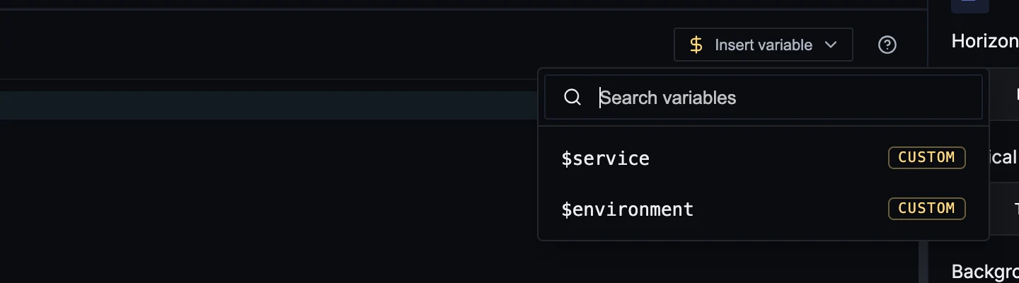 The Insert variable menu listing $service and $environment, each tagged with its variable type