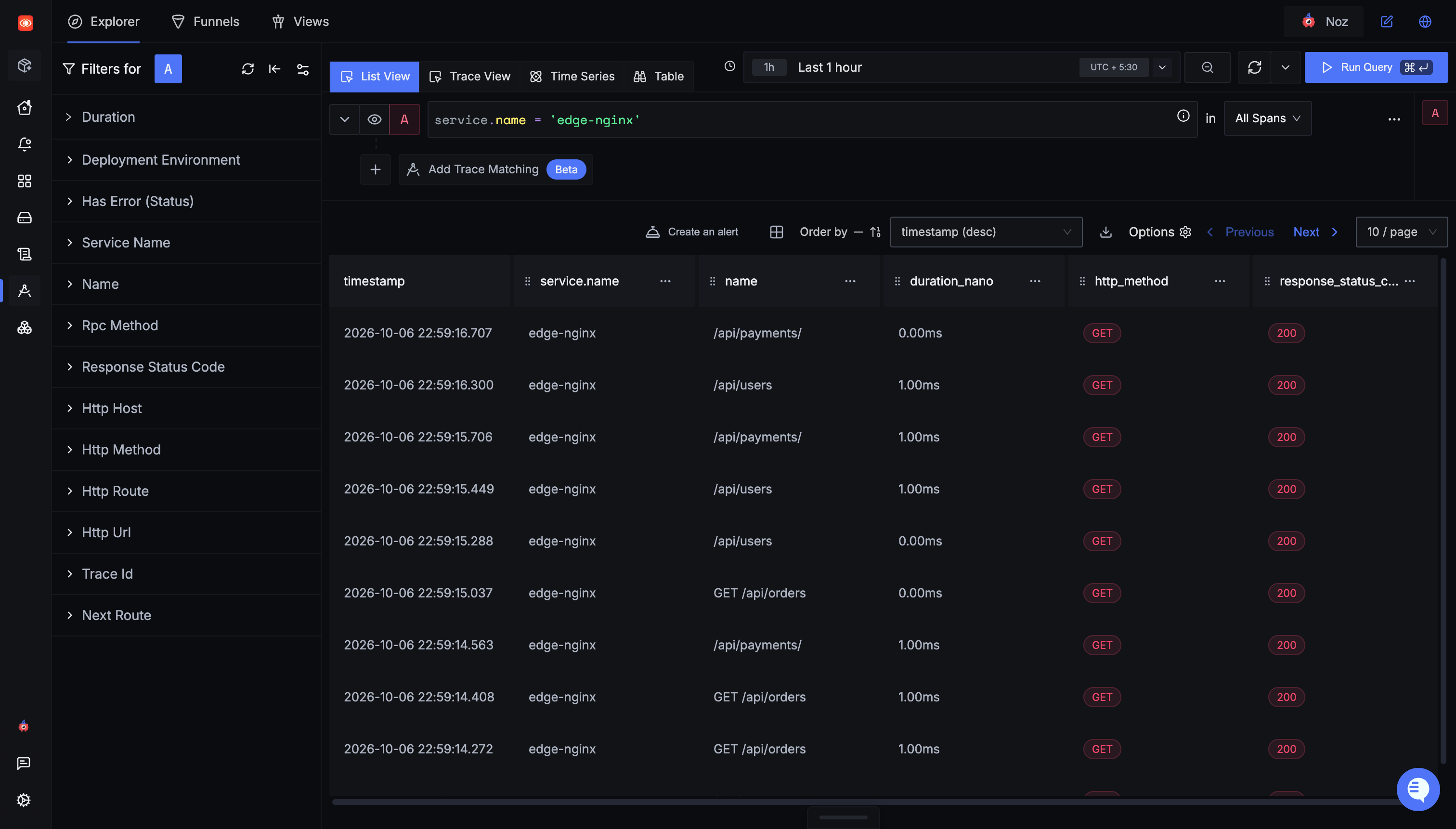SigNoz Traces Explorer listing NGINX request spans filtered by service.name edge-nginx