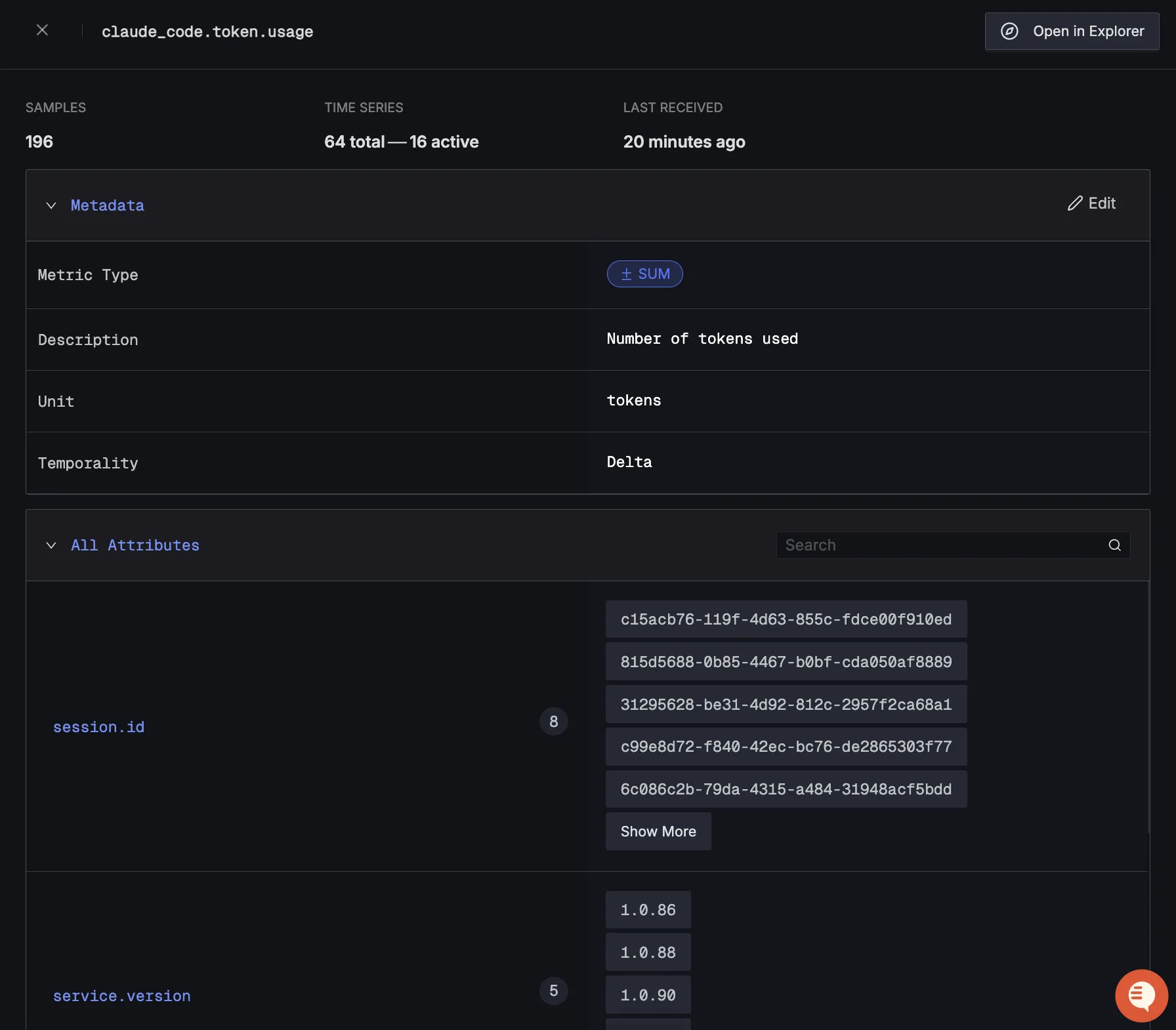 SigNoz 中 Claude Code 的 token 使用量和成本指标详情