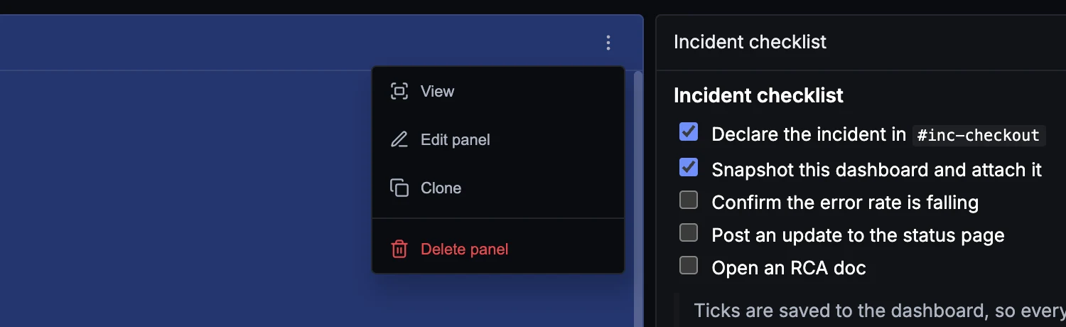 The Text panel actions menu showing View, Edit panel, Clone, and Delete panel