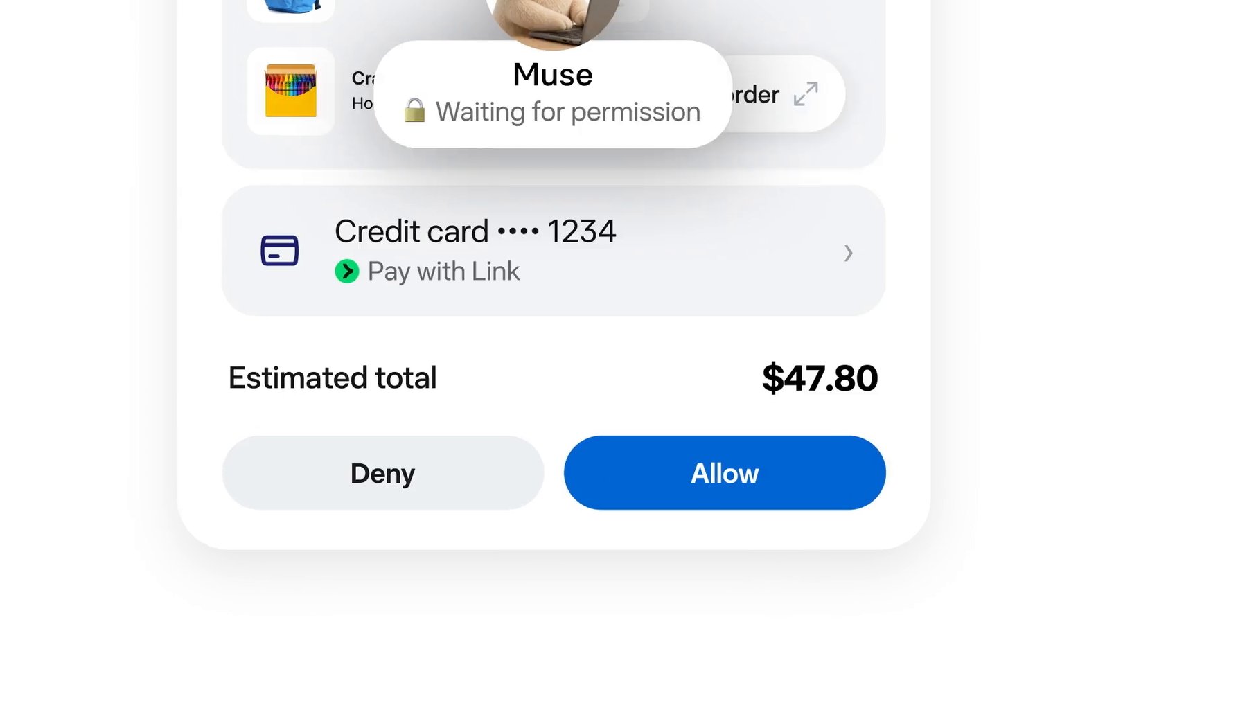 Freigabedialog mit dem Hinweis "Muse Waiting for permission", der Zahlungsart "Credit card 1234, Pay with Link", einem Gesamtbetrag von 47,80 Dollar und den Schaltflächen Deny und Allow.
