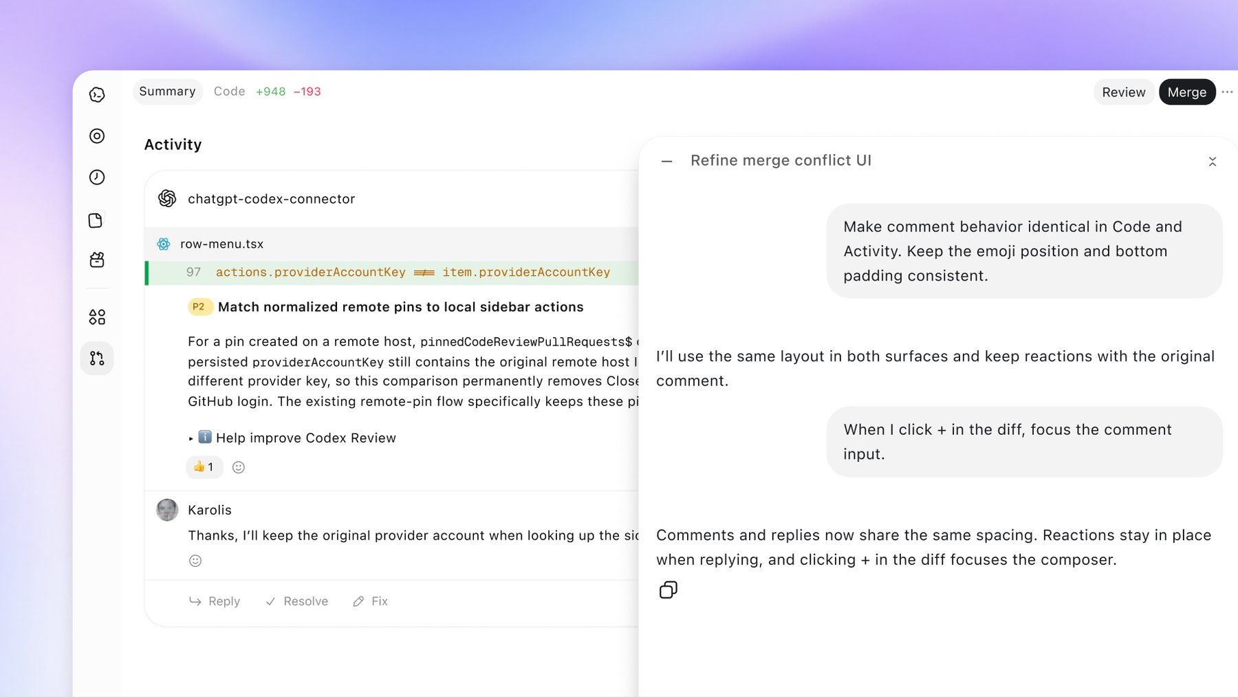 代码审查视图,显示了 Codex 对 row-menu.tsx 文件的一处评论,优先级为 P2,下方有 Reply、Resolve 和 Fix 按钮,右侧是关于重构 Merge Conflict 界面的聊天记录。