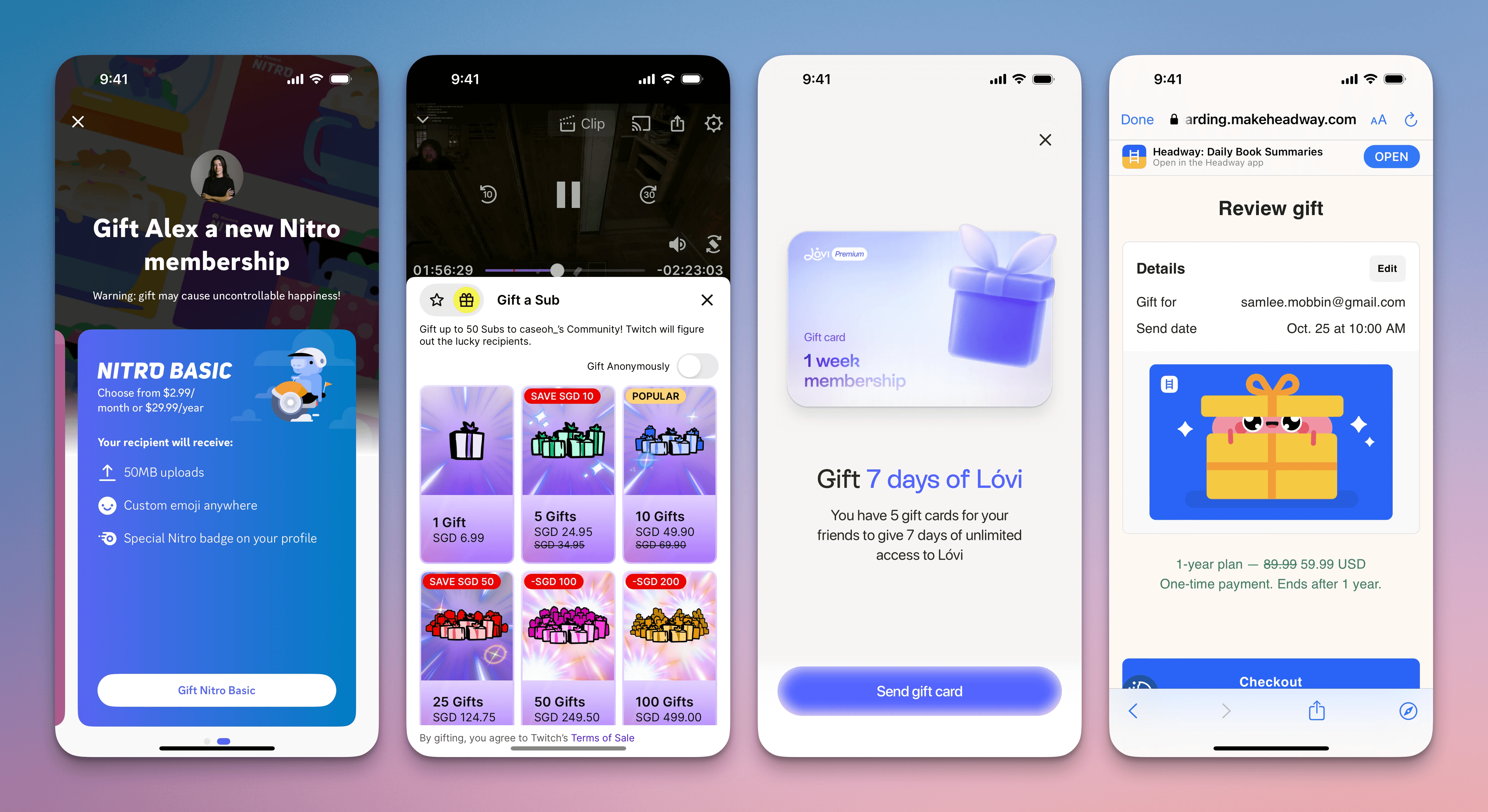四张订阅赠送界面：Discord 提供 Nitro 会员作为礼物，Twitch 的“赠送订阅”捆绑包带匿名开关，Lovi 提供 7 天会员礼卡，以及 Headway 的礼物审查界面显示接收者邮箱和 10 月 25 日 10:00 的发送日期