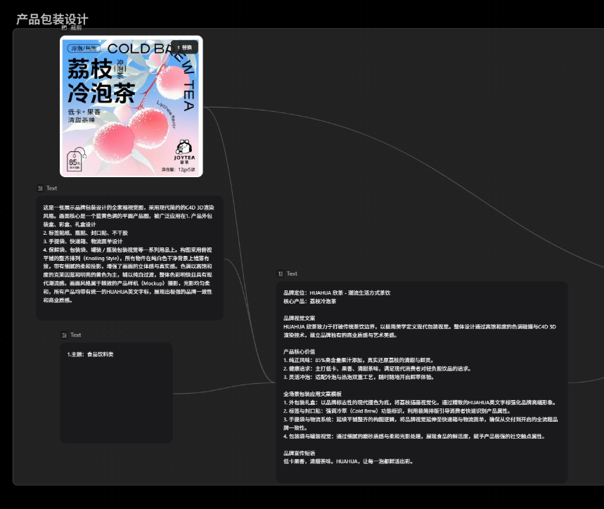 RunningHub 无限画布上的荔枝冷泡茶包装节点与文本节点