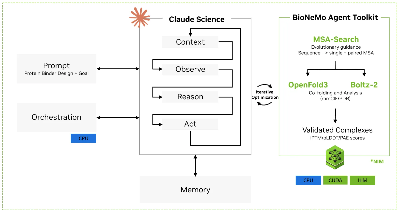 UniProt sequences pass through MSA Search to OpenFold3 and Boltz-2 for monomer and heteromer prediction. Claude Science and BioNeMo Agent Toolkit orchestrate the workflow and save the outputs.