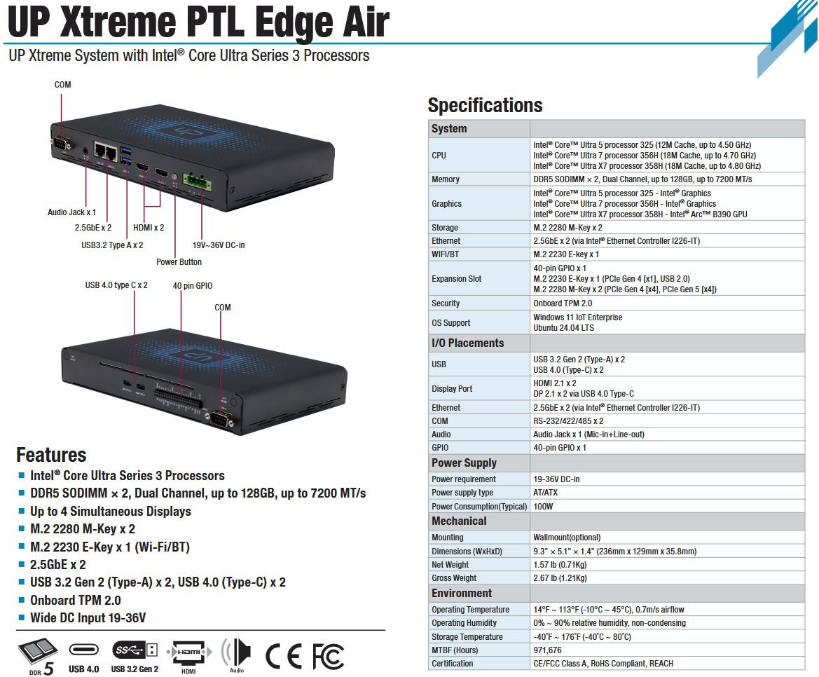 Aaeon UP Xtreme PTL Edge Air 迷你主机