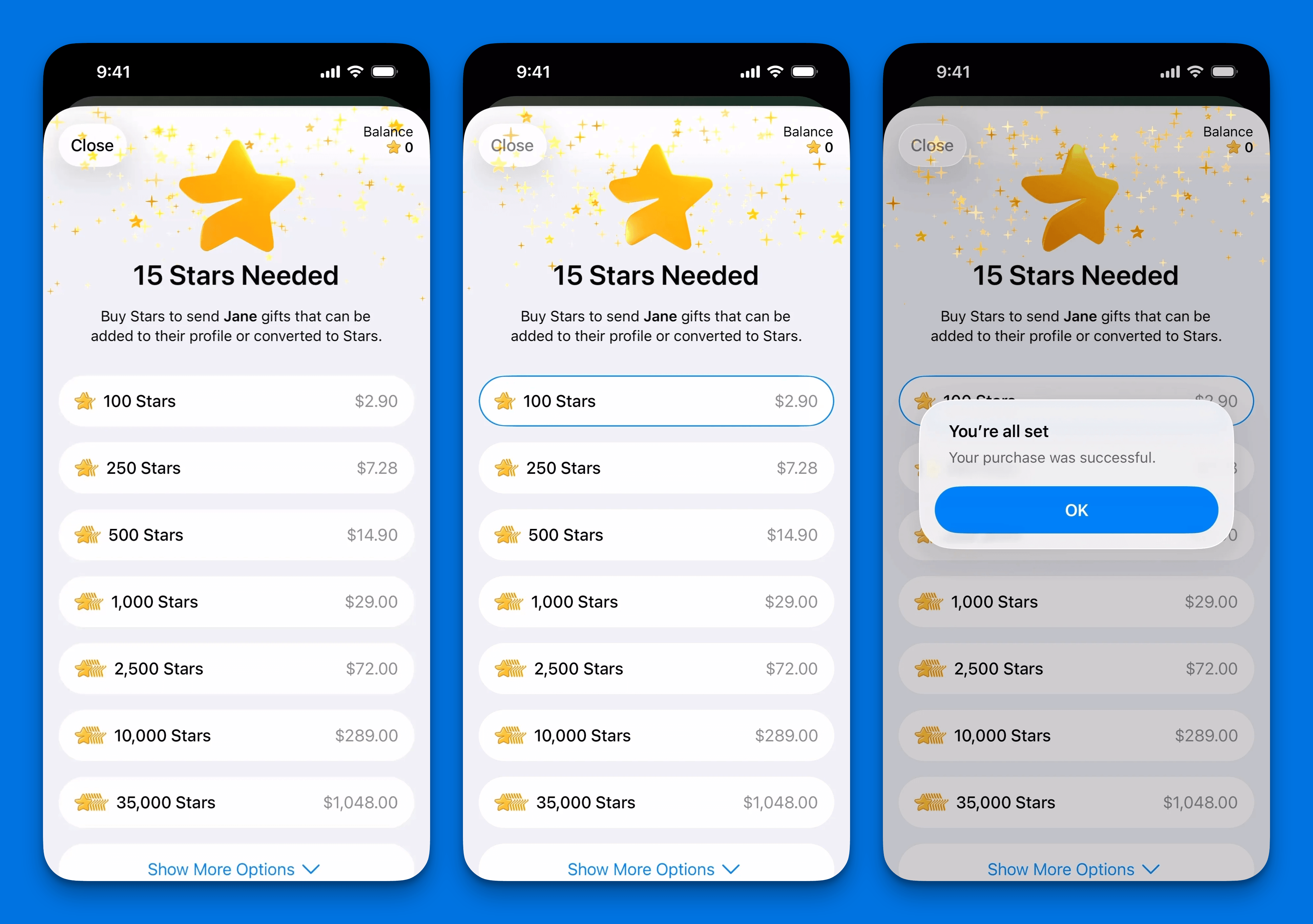 一条 Telegram 聊天线程，礼品在彩带后到达，标注“你用 15 Stars 发送了礼品”，显示一张泰迪熊卡片写着“送给 Jane 的礼品”并带有“查看”按钮