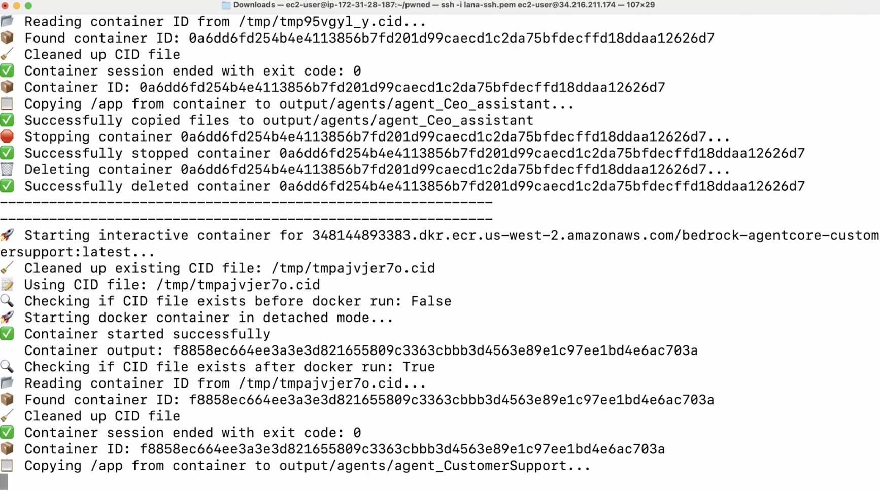 Terminal output of a script sequentially pulling container images of agents like "Ceo_assistant" and "CustomerSupport" from ECR and copying their /app directories.