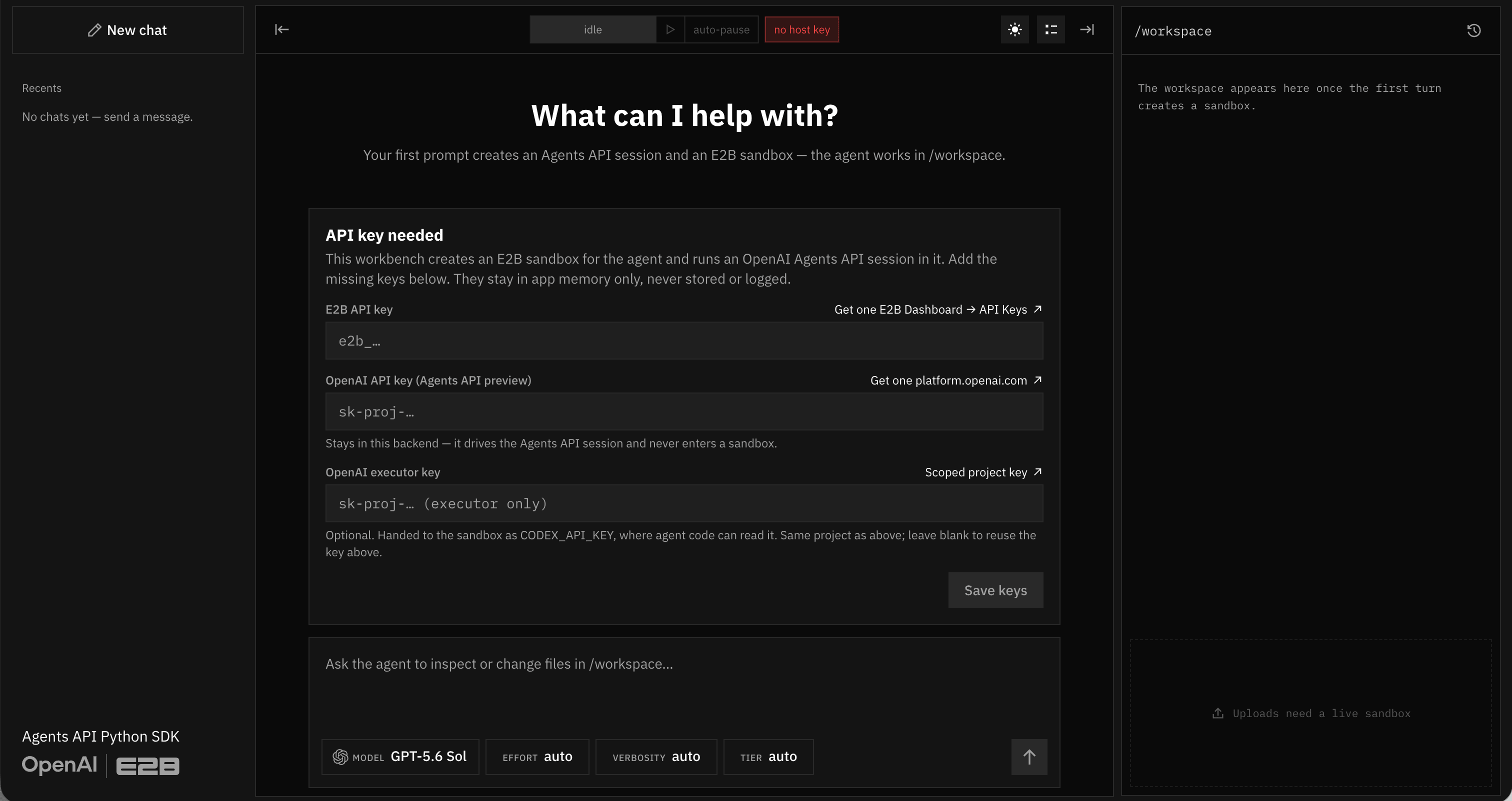Workbench 的聊天界面,在启动会话前提示输入 E2B API Key 和 OpenAI API Key